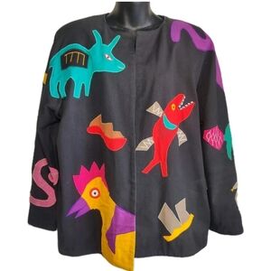 Vintage Girasol Handmade Mexican Folk Art Animal Blazer Jacket Artsy Size M (Big